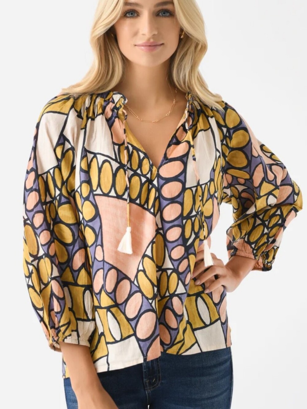 Cleobella Erica 100% Organic Cotton Blouse Colorful Geometric Peasant Style M